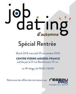 Affiche Job Dating Automne 2024  Affiche Job Dating Automne 2024 mardi 24 et mercredi 25 septembre au Centre Pierre Mendes France